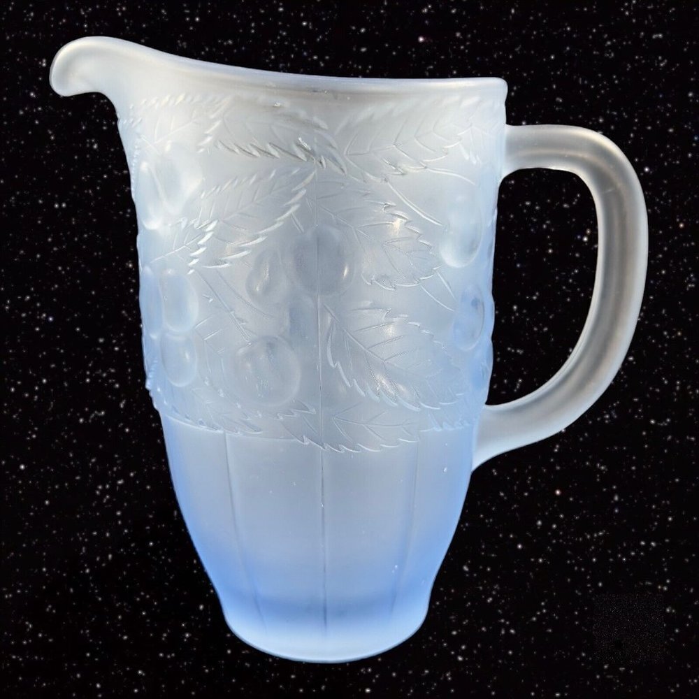 Vintage Light Blue Satin Frosted Glass Raised Cherries Leaves Carafe Pitcher Jug